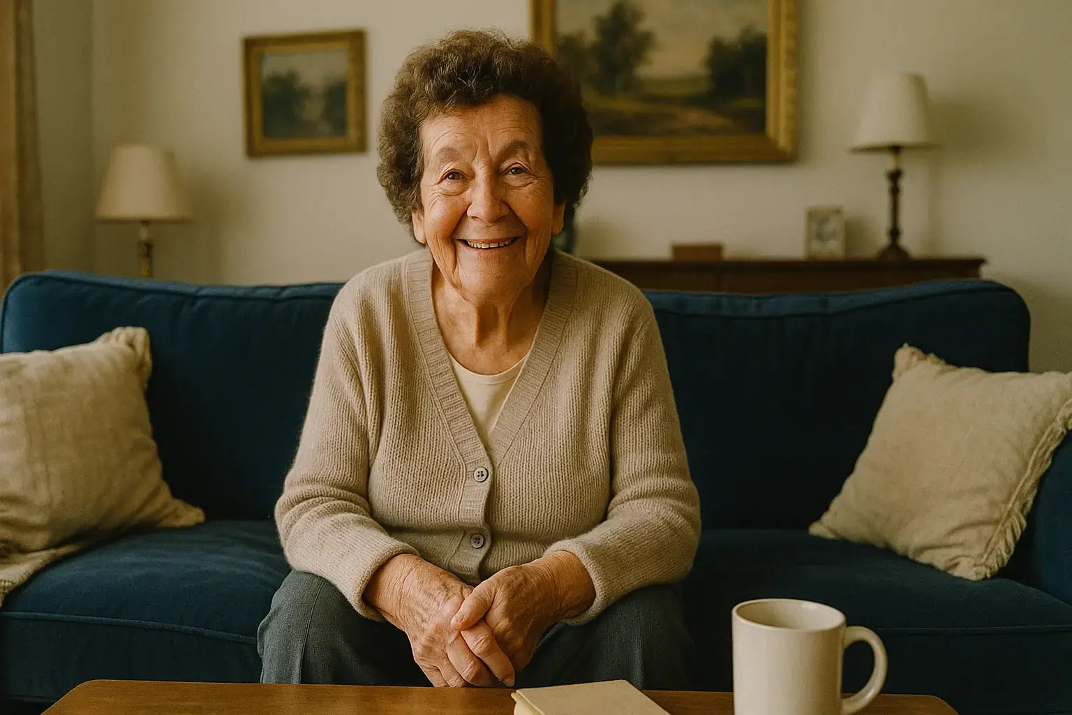 Senior woman sitting on a couch with a cup of coffee, smiling.