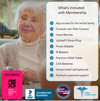 Woman using a remote control with a list of membership benefits displayed on a screen.