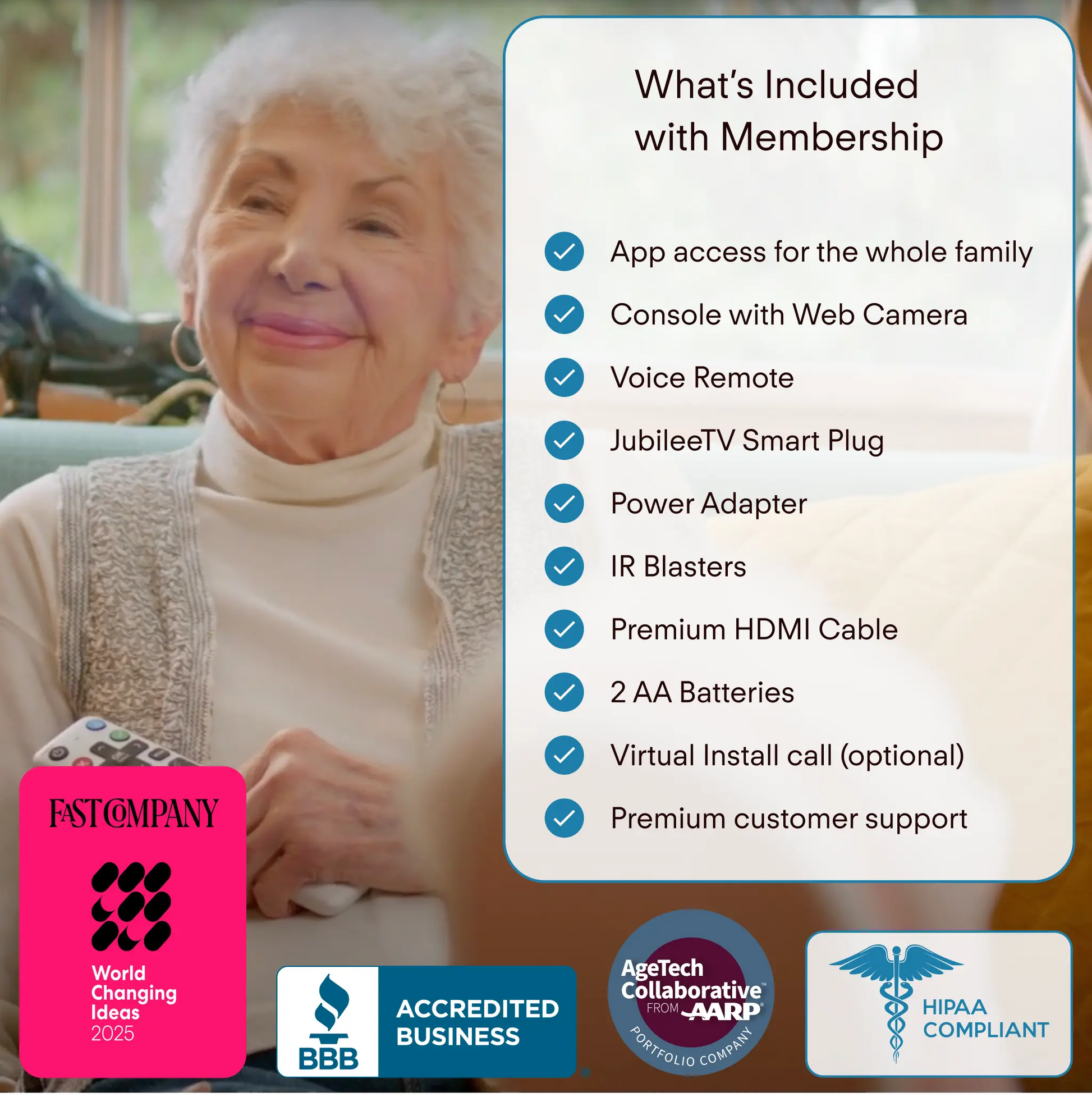 Woman using a remote control with a list of membership benefits displayed on a screen.