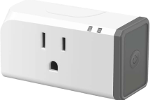 An image of the previous smart plug.  Two light indicators on the top of the device, and the power button on the right side in the plug in side is facing you.