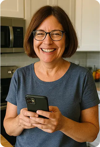 Woman holding a phone in a kitchen